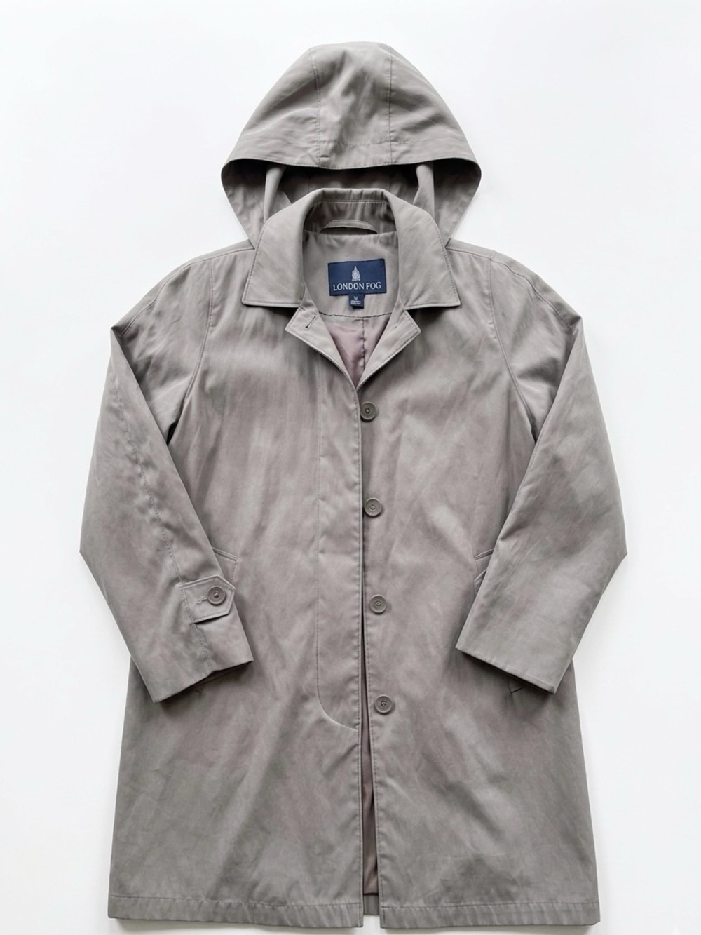 London Fog Trench Coat Women’s Hooded Rain Coat Taupe Beige Button Front Classic